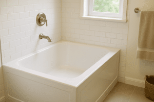 A modern marble-patterned shower surround is installed in a renovated bathroom.