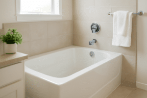 A bathtub with an acrylic tub cover installed by contractors.
