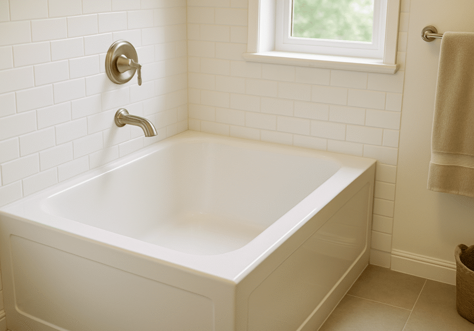 A modern marble-patterned shower surround is installed in a renovated bathroom.